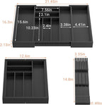 Bamboo-Silverware-Drawer-Organizer-Kitchen, Expandable Utensil Holder Cutlery Tray Flatware Organization Adjustable Wood Tableware Dividers Storage (with Removable Knife Block)(Black)