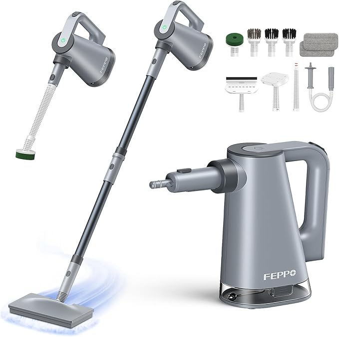FEPPO Steam Mop with Detachable Handheld Steam Cleaner for Home and Floor Cleaning, 10-in-1 Multi-purpose Attachments & 2 Pads, Powerful Steamer for Floors, Hardwood, Tiles,Grout,Windows,Kitchen,Bath