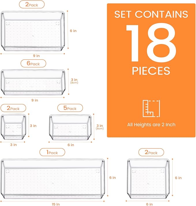 Criusia Drawer Organizer, 18 Pack Large Clear Plastic Kitchen Drawer Organizers Set, 6 Size Versatile Bathroom and Vanity Drawer Organizer Trays, Storage Bins for Makeup, Bedroom, Kitchen Utensils