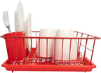 Sweet Home Collection Space-Saving 3-Piece Dish Drainer Rack Set: Efficient Kitchen Organizer for Quick Drying and Storage - Includes Cutlery Holder and Drainboard - Maximize Countertop Space, Red