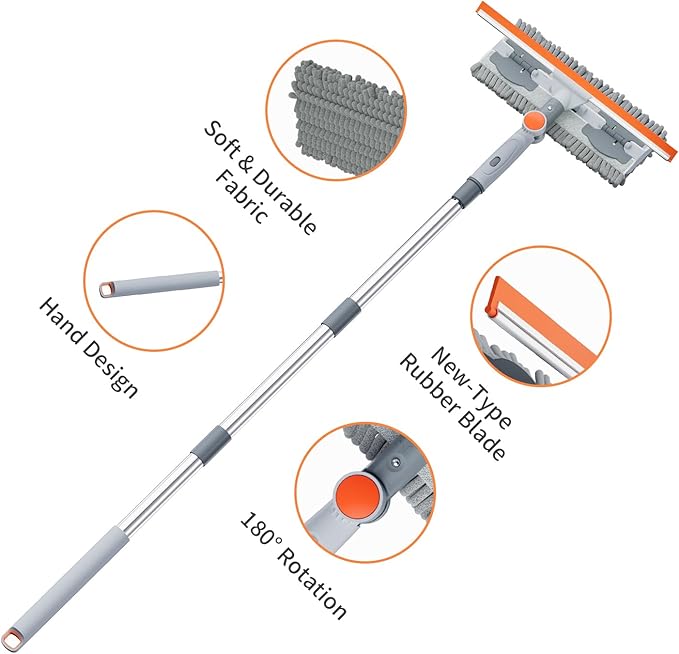 6.4FT Extendable 2-in-1 Window Squeegee & Scrubber with Long Handle, 180° Adjustable Head, Streak-Free Silicone Blade, Multi-Purpose Glass Cleaning Tool for High Windows, Mirrors & Car Windshields