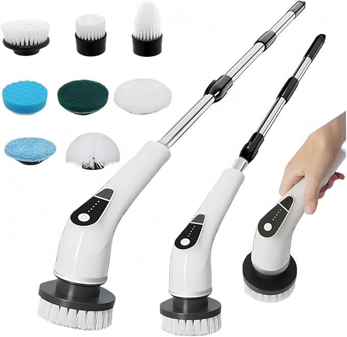 Electric Spin Scrubber Cordless - 8 Brush Heads, 5-Speed Settings, Adjustable Extension Handle for Bathroom, Kitchen, Tile, Bathtub & Floor Cleaning
