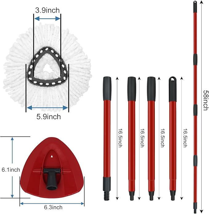 Mop Replace Heads Mop Handle and Mop Base Replacement for O Cedar EasyWring 1-Tank Spin Mop System, 2 Microfiber Mop Head Refills, 4-Section Iron Mop Handle 30-58in and 1 Mop Head Cover Set(No Bucket)