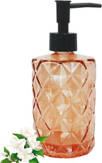 12Oz Small Glass Soap Dispenser with Black Plastic Pump, Amber Refillable Kitchen Countertop Liquid Hand Soap Dispensers with Diamond Design, Crystal Bathroom Lotion Bottle for Dispense Dish Soap