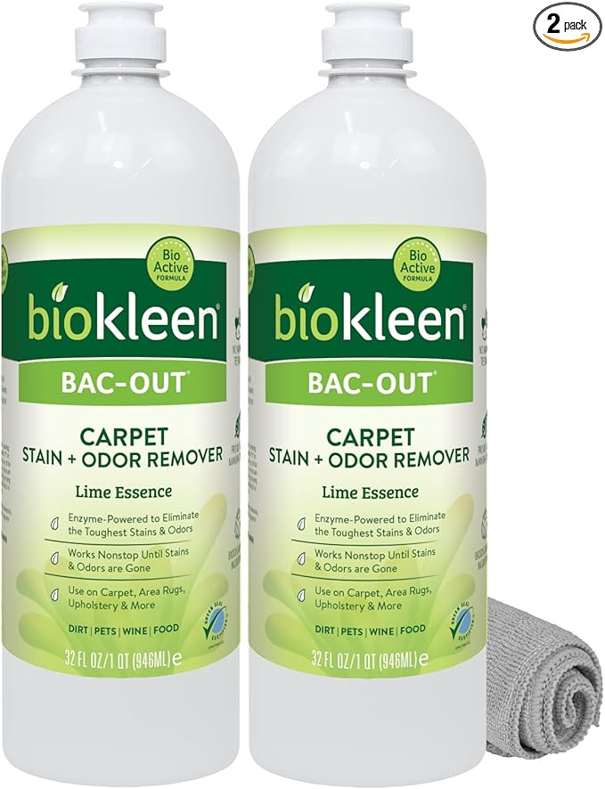 Biokleen Bac-Out Enzymatic Stain & Odor Remover for Carpet - Removes Stains and odors caused by dirt, pet accidents, wine, food, smoke - 2 Pack 32 oz w/Micro Cleaning Towel