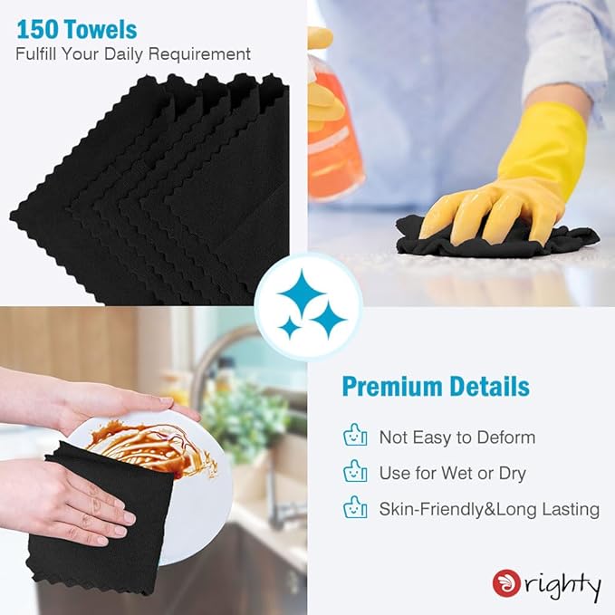 Orighty Black Microfiber Cleaning Cloth, 150 Pack Highly Absorbent Cleaning Supplies, Lint Free Kitchen Towels Cleaning Rags, Microfiber Towels for Cars, House, Window, 12x12 inch