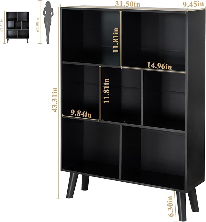 YAHARBO Black Bookshelf,3 Tier Modern Bookcase with Legs,Bookshelves Wood Storage Shelf, Open Book Shelves Cube Organizer,Freestanding Short Bookcases