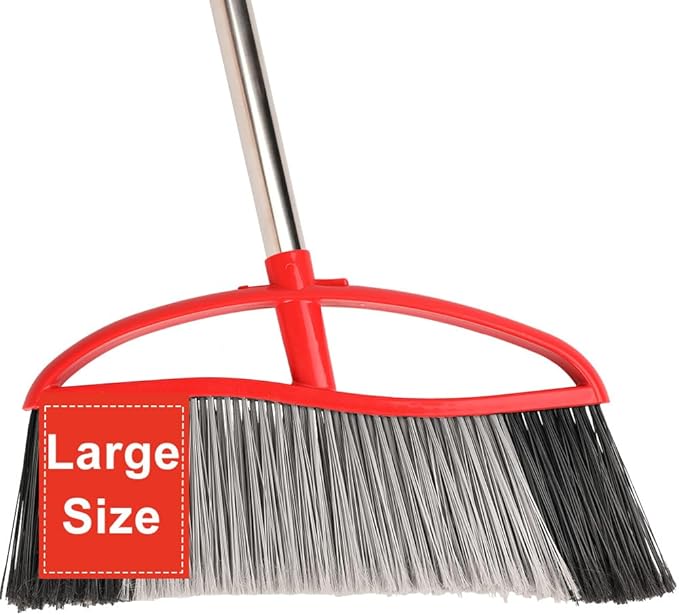 Outdoor Broom, 15.7" Wide Heavy Duty Angle Broom with Long Handle, Stiff Bristles for Sweeping Patio, Garden, Garage, Yard (Red), MULB36