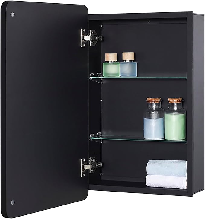 Black Bathroom Mirror Medicine Cabinet with Round Corner Framed Door and Beveled Edge Mirror 15 x 25 inch, Recessed or Surface Mount, with Adjustable Glass Shelves