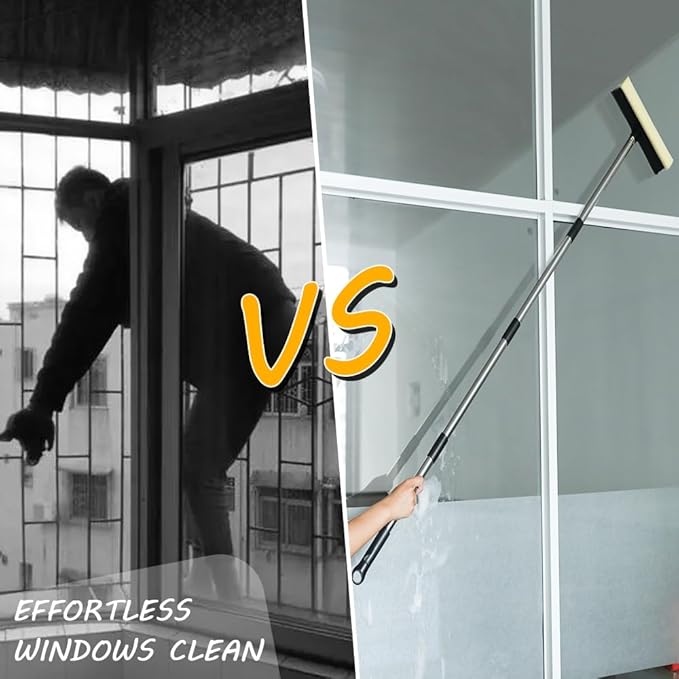 Long Handle Window Squeegee,2 in 1 Window Cleaning Car Squeegee,Windshield Squeegee with Cleaning Sponge and Rubber