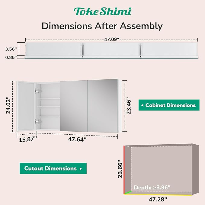 TokeShimi 48x24 Medicine Cabinet Mirror with Storage Tempered, Aluminum Surface Mount or Recessed Medicine Cabinet White with Adjustable Shelves for Bathroom Vanity Modern Farmhouse