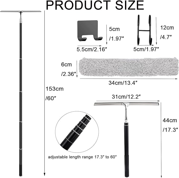 17.3-60’’ Window Squeegee for Home, 2 in 1 Window Cleaning Kit Long Handle Squeegee for Shower Glass, Window Cleaner Tool for Car Windshield Floor Tile Wall