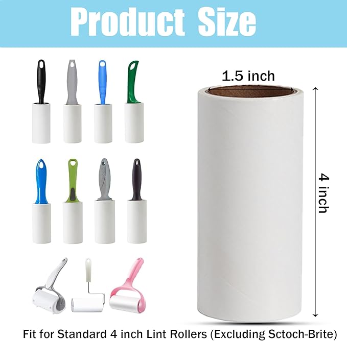Lint Roller Refills 4 inch,Extra Sticky Lint Roller Replacement Refills Only, Inside Diameter 1.5 inch, 60 Sheets per Roll (Pack of 5, Total 300 Sheets, 4 inch)