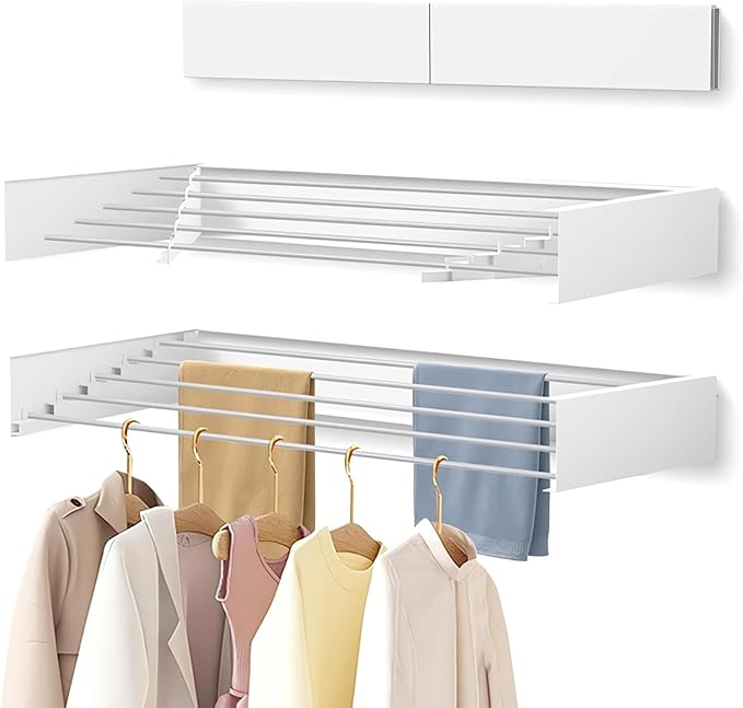 Laundry Drying Rack Collapsible, Wall Mounted Clothes Drying Rack. 31.5" Wide, 13.1 Linear Ft, 5 Aluminum Rods, with Wall Template, Screwdriver Bit(White)