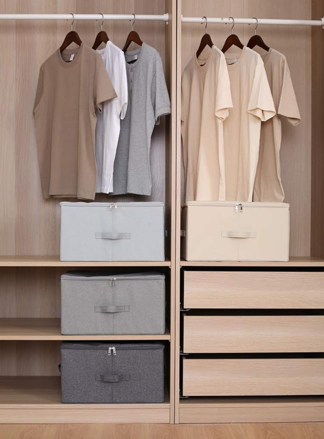 Collapsible Rigid Storage Bins with Lid, Shelves Clothes Storage Cubes, Tide Up Your Wardrobe, Beige, Set of 2