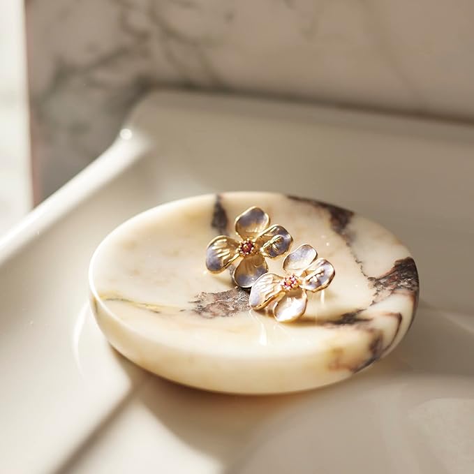 Round Marble Soap Dish, Jewelry Tray, Natural Ring Holder,Nightstand Décor,Stone Soap Dish for Bathroom,Kitchen (Calacatta Viola)