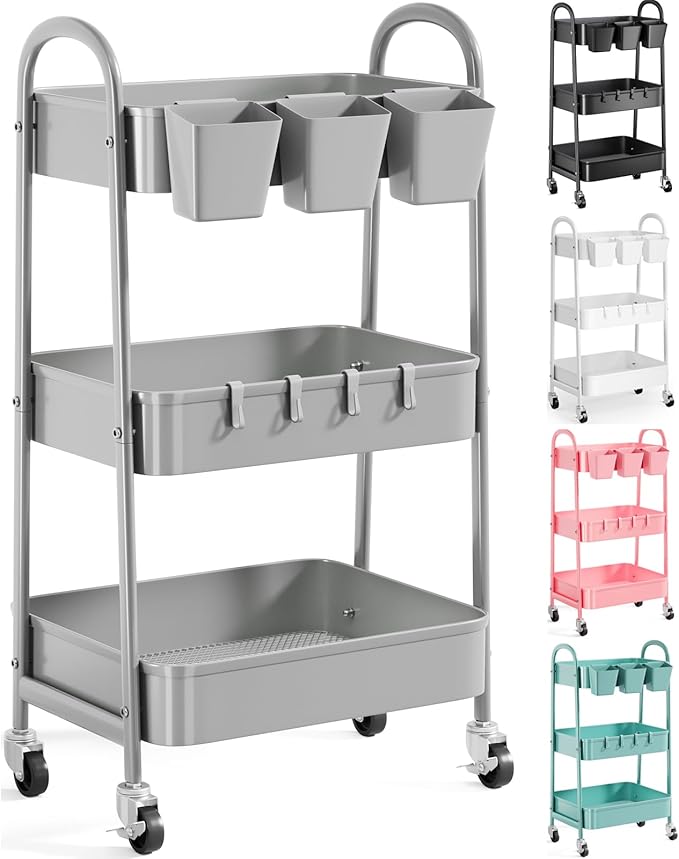 3 Tier Gray Metal Rolling Cart, Mesh Storage Cart with Handle and Lockable Wheels, Multifunctional Three Tiered Utility Organizer Carts for Kitchen, Office, Bathroom, Craft, Art, Snack, Baby Supplies