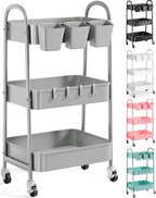 3 Tier Gray Metal Rolling Cart, Mesh Storage Cart with Handle and Lockable Wheels, Multifunctional Three Tiered Utility Organizer Carts for Kitchen, Office, Bathroom, Craft, Art, Snack, Baby Supplies