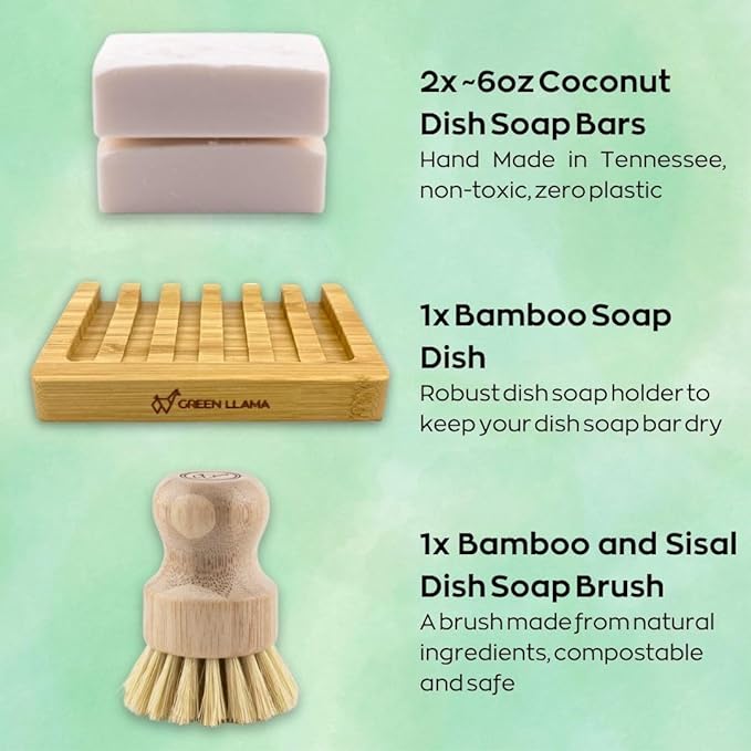 Eco-Friendly Dish Washing Bar Soap Set with 2 Fragrance-Free Solid Coconut Oil Bars, Sisal Scrub Brush, and Bamboo Holder - Sustainable Kitchen Cleaning set
