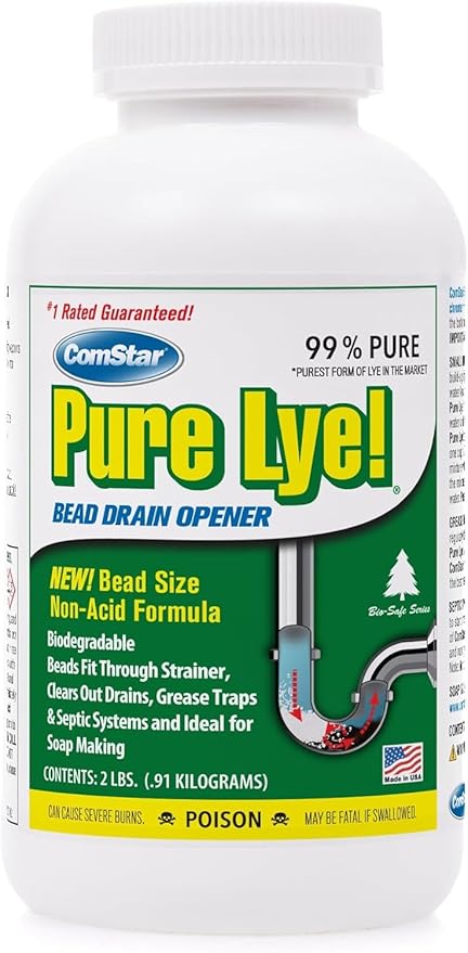 ComStar Pure Lye | 99% Pure Sodium Hydroxide Beads | Eco-Friendly, Industrial Strength, Drain Opener | Safe on Fixtures | Static-Free, Unique Beads for Soap Making | 2 lb. (PACK OF 12)