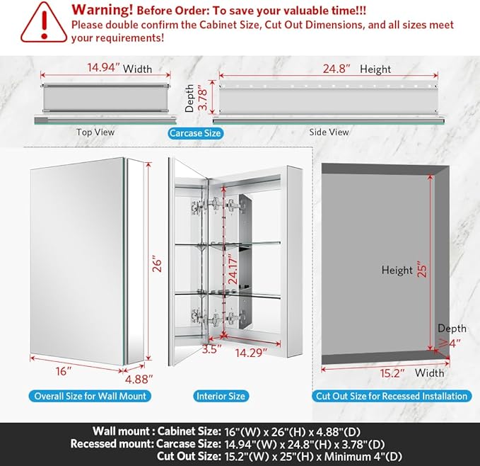 Quavikey Bathroom Medicine Cabinet with Mirror, Aluminum Surface Mount or Recessed Mirror Medicine Cabinet 16x26 Inch, Silver