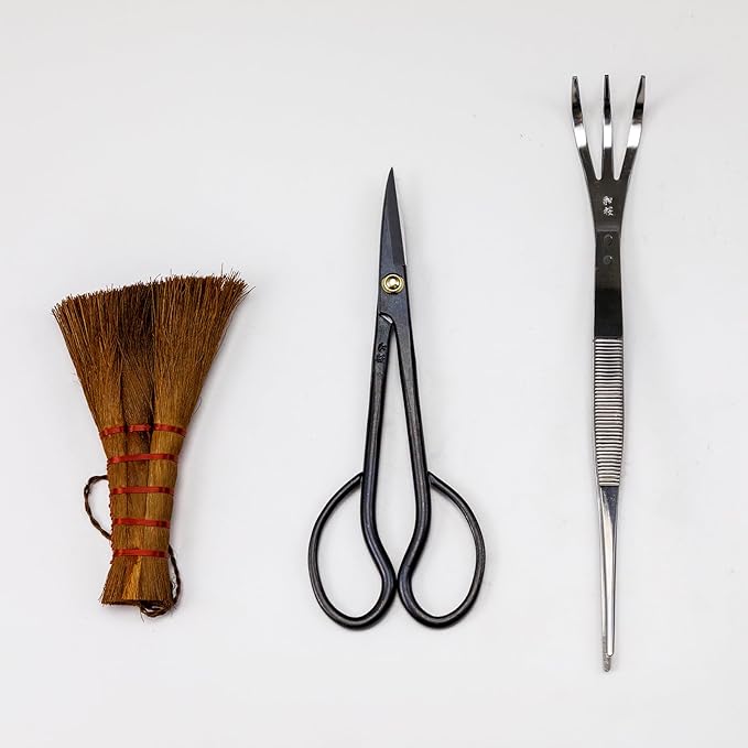 Hanafubuki Wazakura Japanese Bonsai Garden Tool Starter Kit, Made in Japan, Satsuki Scissors, Stainless Tweezers with Rake, Chinese Broom - 3 PCS Set