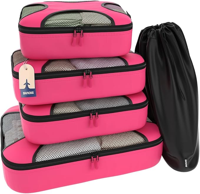 Shacke Premium 5 Packing Cubes Set - Lightweight Mesh Travel Luggage Organizers with Laundry Bag, 5-Piece Suitcase Storage System (Precious Pink)