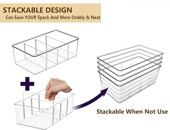 6 Pack Pantry Organizers and Storage,4 compartment Snack Containers for Kitchen,Fridge,Refrigerator Organization and Storage,Clear Plastic Bins for Spice,Tea bag,Seasoning organizer