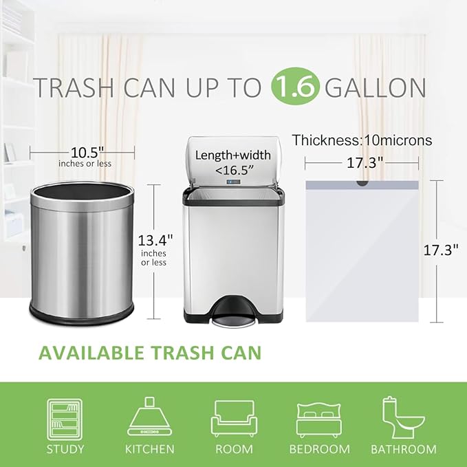 1.6 Gallon 80 Counts Strong Drawstring Trash Bags Garbage Bags by Teivio, Bathroom Trash Can Bin Liners, Small Plastic Bags for home office kitchen, White