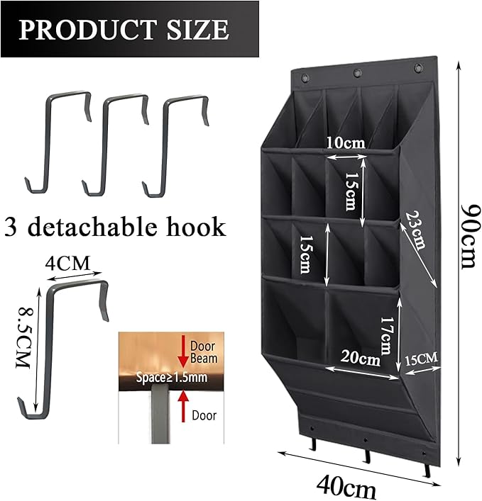 Over the Door Shoe Organizer, 14 Pockets Hanging Shoe Storage Rack with Large Deep Pockets, Oxford 600D Fabric Grey Shoe Storage Rack with 6 hook for Shoes, Slipper,Home Accessories etc