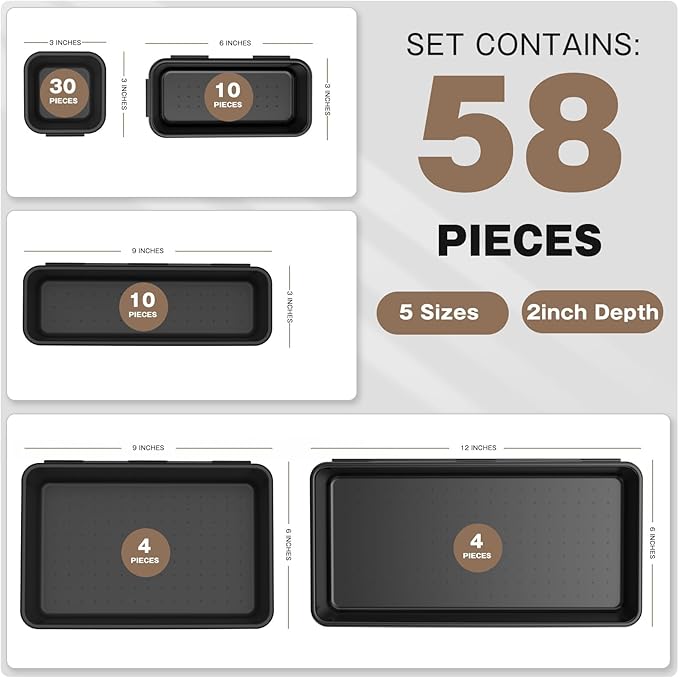 A-LUGEI【𝟱𝟴𝗣𝗰𝘀】【5 Size】 Tool Box Organizer Tray Divider Set, 【Black】 Desk Drawer Organizer, Garage Organization and Storage Toolbox Accessories Rolling Tool Chest Cart Cabinet WorkBench Small Part