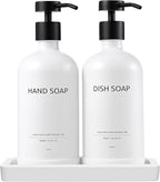 Glass Soap Dispenser Set with Ceramic Tray, 16.9 floz Hand and Dish Soap Dispenser for Bathroom Decor, White and Black Kitchen Accessories (White Bottles + Black Pumps)