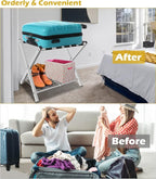 mocomax 2 Pack Folding Luggage Rack for Guest Room, Foldable Suitcase Stand Holder with Metal Storage Shelf for Bedroom, Living Room, Hotel Essentials, Heavy Duty Steel Frame, White