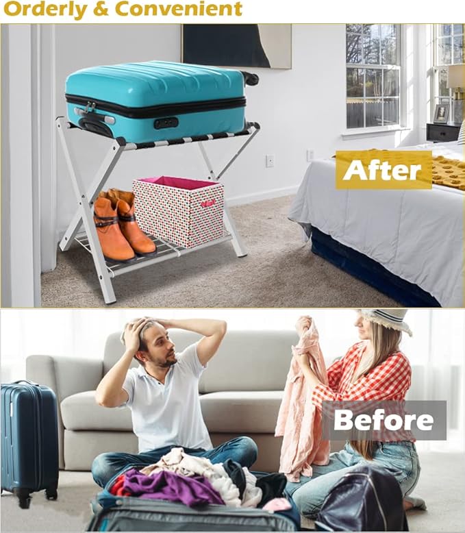 mocomax 2 Pack Folding Luggage Rack for Guest Room, Foldable Suitcase Stand Holder with Metal Storage Shelf for Bedroom, Living Room, Hotel Essentials, Heavy Duty Steel Frame, White