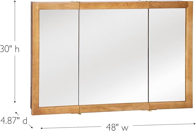 Design House Richland Medicine Cabinet, Fully Assembled, Wall Mounted, 3 Mirrored Doors, Wood Frame, Oak Finish, 48 in x 4.75 in x 30 in, 530584-NOK
