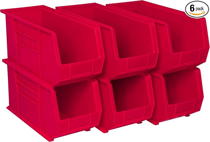 Akro-Mils 30265 AkroBins Plastic Storage Bins, Space-Saving Stackable Bins for Garage, Pantry, Craft Organization, 18-" x 8.25-" x 9-", Red, 6-Pack