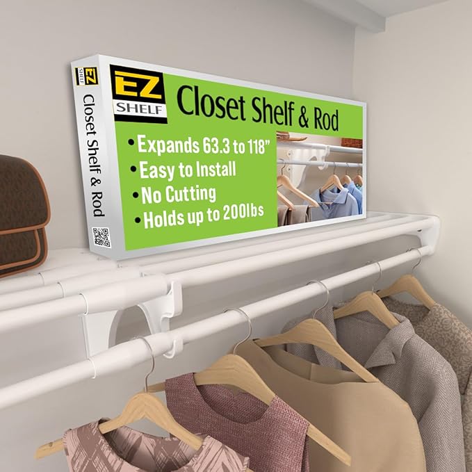 EZ SHELF - Hanging Shelf - Closet Rod - Expands 63.3-118” - White, Closet Shelves - Strong, Holds 200 lbs - DIY, Easy Install - to 2 Side Walls - Alternative to Wire Shelving