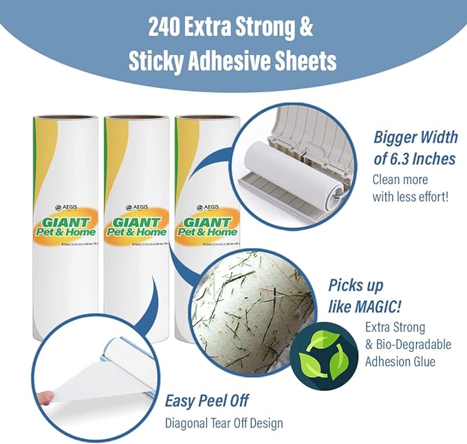 KN Flax Aegis Giant Pet & Home Lint Roller Pet Hair Large Lint Roller with Extendable Long Handle, 6.3” Width with 240 Adhesive Extra Sticky Sheets for Furniture Carpet Floor and Curtains