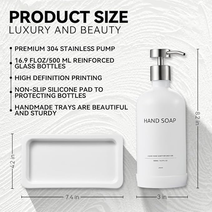 Glass Kitchen Soap Dispenser Set with Ceramic Tray,16.9 floz Hand and Dish Soap Dispenser for Kitchen and Bathroom Decor,White and Silver Kitchen Accessories(White Bottles + Silver Pumps)