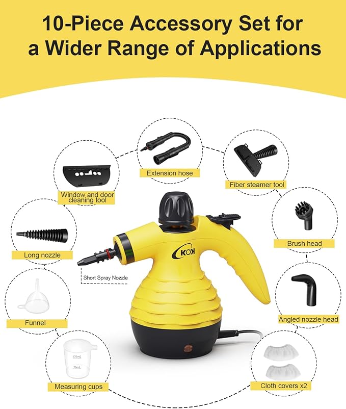 KOK Handheld Steam Cleaner for Home Use, Portable Pressurized Steam Shot Cleaner with 10-in-1 Attachments Kit for Kitchen, Car, Bathroom, Wall, Floors & Windows | Chemical-Free Deep Cleaning Steamer