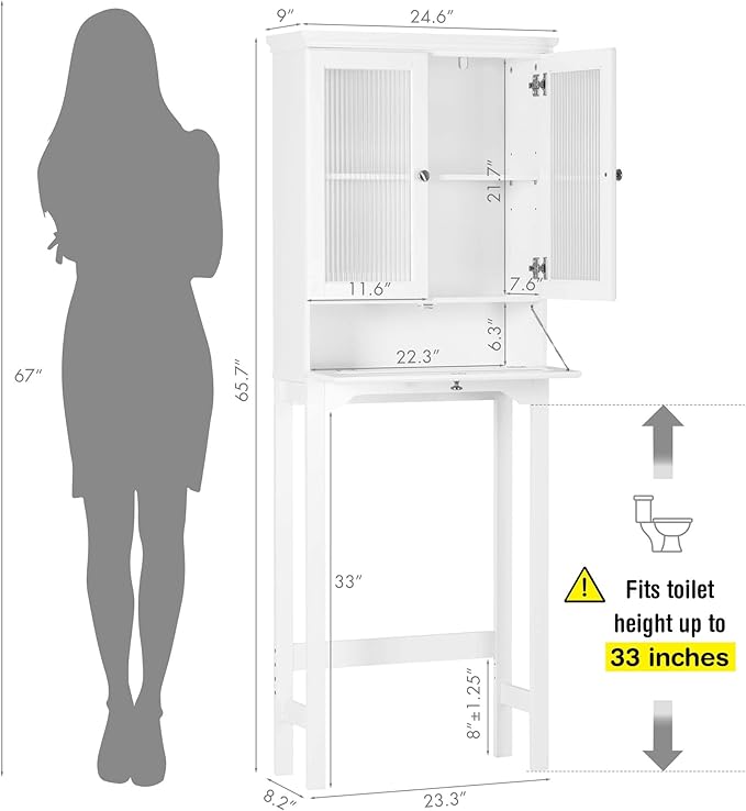 Spirich Over The Toilet Storage Cabinet with Muro Glass Doors, Over Toilet Bathroom Organizer with Tilt-Out Cube and Adjustable Shelf, White