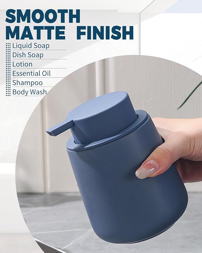 Bosilunlife Soap Dispenser Bathroom - Blue Ceramic Soap Dispenser Lotion Hand Pump Dish Soap Bottle for Kitchen 12oz Refillable Liquid Hand Wash Dispenser for Bathroom