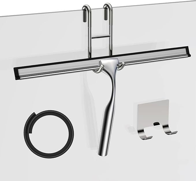 14-Inches Stainless Steel Shower Squeegee Set, Include Shower Door Hook, Adhesive Hook and Spare Silicone Blade, Window Squeegee for Shower Glass Door, Bathroom, Mirror, Window and Car Glass