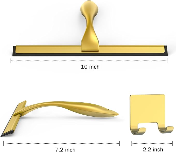 All-Purpose Stainless Steel Shower Squeegee for Shower Glass Door with Adhesive Hook, Bathroom Cleaner Tool Household Window Mirror Squeegee for Glass Doors, Cleaning Tile Wall, Car, 10 inch, Golden