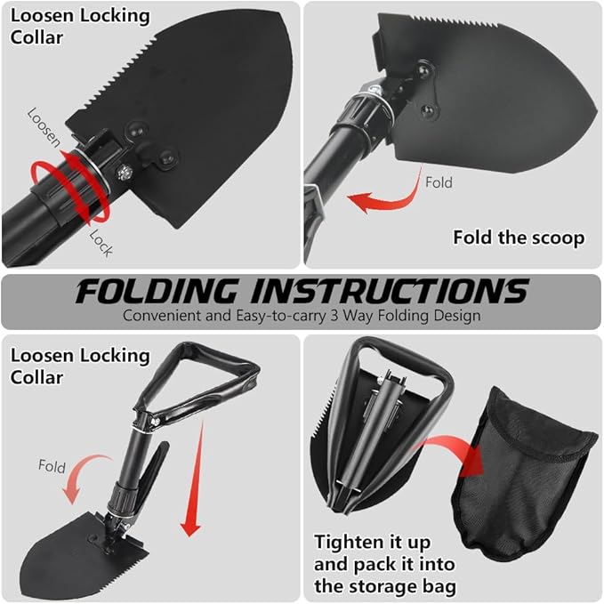 Large Folding Shovel, Overall Length 24Inches, Foldable Design with Portable Bag, Made of Durable Materials, Serrated Edge, for Camping, Hiking, Gardening, Fishing & Emergencies (Black)