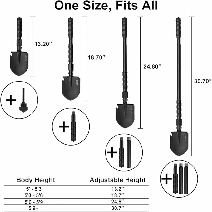 iunio Camping Shovel,Shovel Folding, Portable, Multitool, Foldable Entrenching Tool, Collapsible Spade, for Backpacking, Trenching, Hiking, Survival, Car Emergency