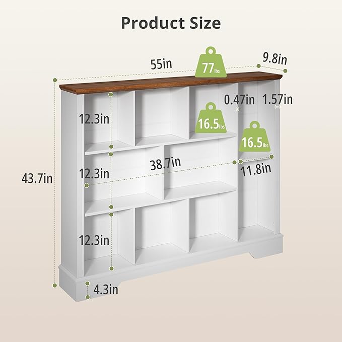 10 Cube Storage Bookcase, Modern 3-Tier Wooden Storage Organizer Open Bookshelf with Base for Living Room, Bedroom, Home Office