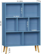 YAHARBO 7 Cube Bookshelf, Blue Kids Book Shelf with Cubby Storage,Wooden Modern Bookcase with Legs,3 Tier Freestanding Display Book Case,Children Toy Organizer,Bookshelves for Office,Nursery,Playroom
