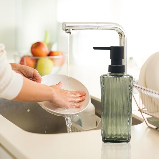 Green Glass Soap Dispenser with Black Pump, 12oz Refillable Liquid Hand Dispenser, Lotion Dish Soap Dispenser for Modern Home Decor, Bathroom, Kitchen Countertop, Hotel