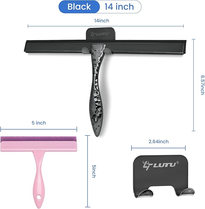 All-Purpose Silicone Shower Squeegee for Shower Glass Door,with 2 Hooks & Pink Mini Squeegee,for Bathroom Glass, Car, Tile Wall, Mirror Cleaning - Easy-Grip Handle 14 Inch Black